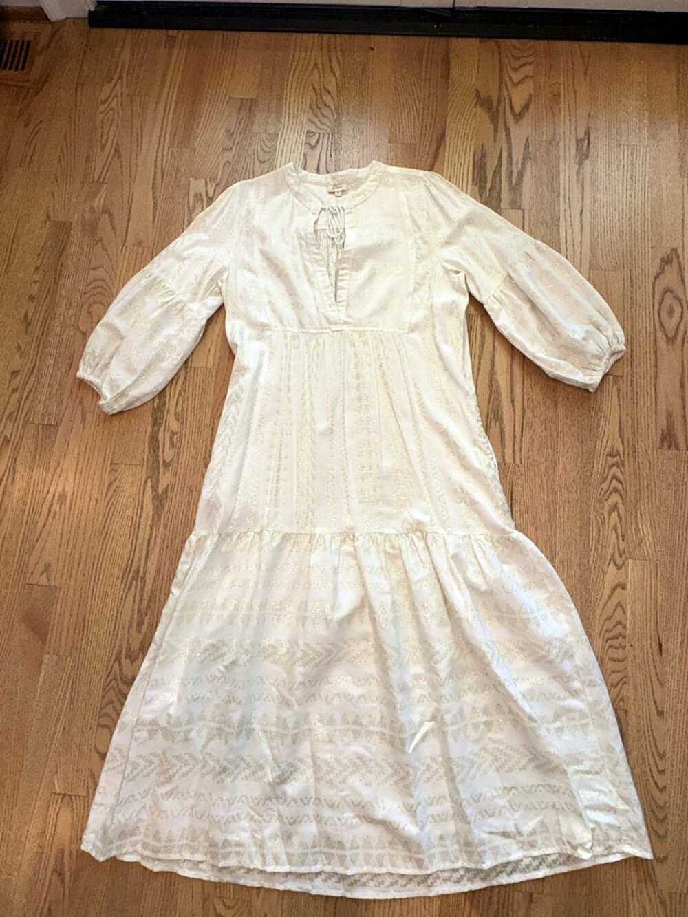 Elan White Gold Metallic Jacquard Tiered Midi Dress Rope Tie Balloon Sleeve M